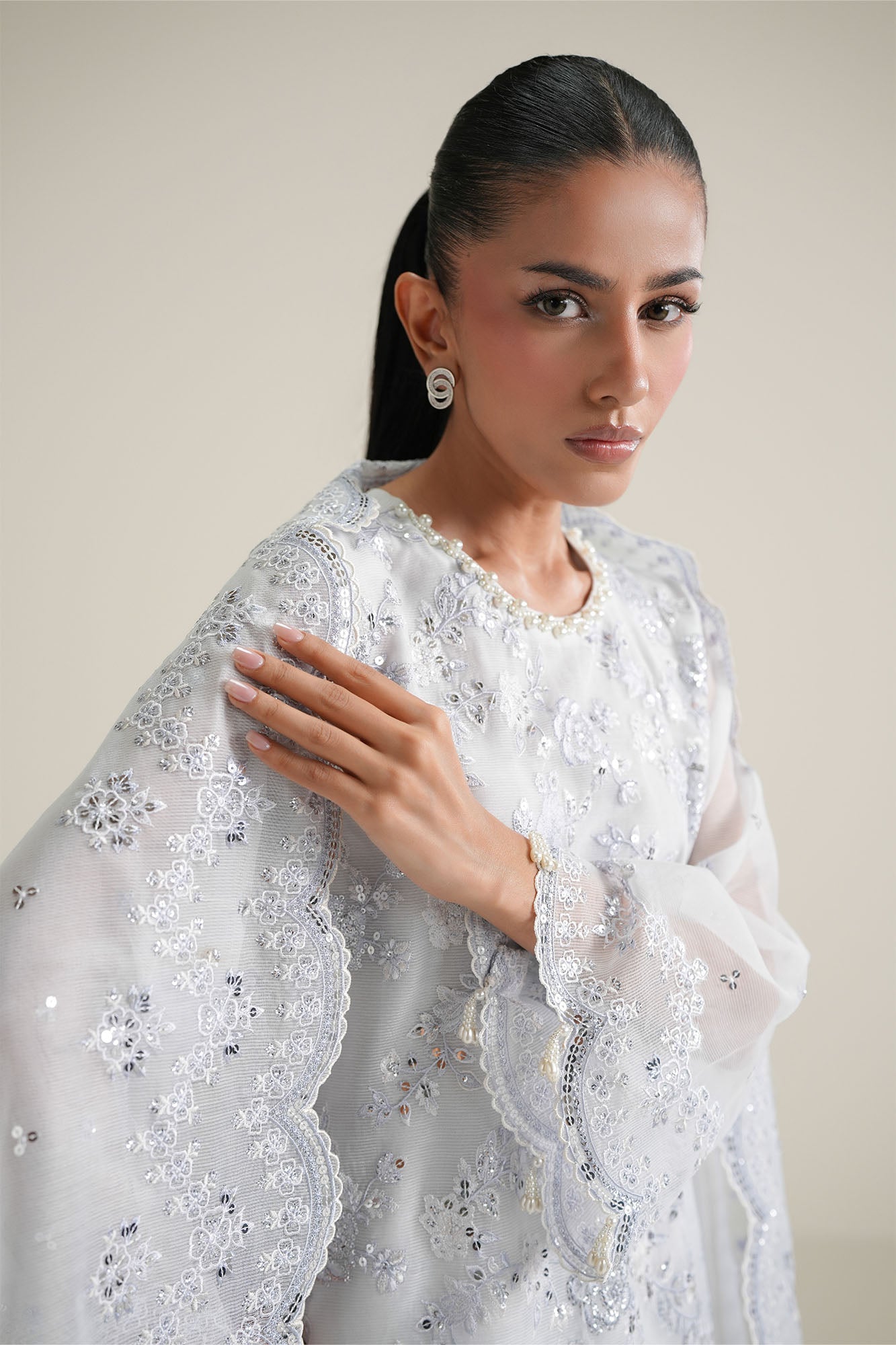 BLUE FROST-4PC NET EMBROIDERED SUIT