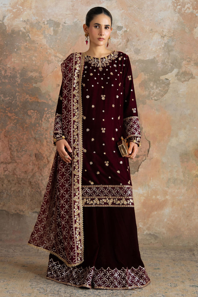 CRIMSON FLARE-3PC VELVET EMBROIDERED SUIT
