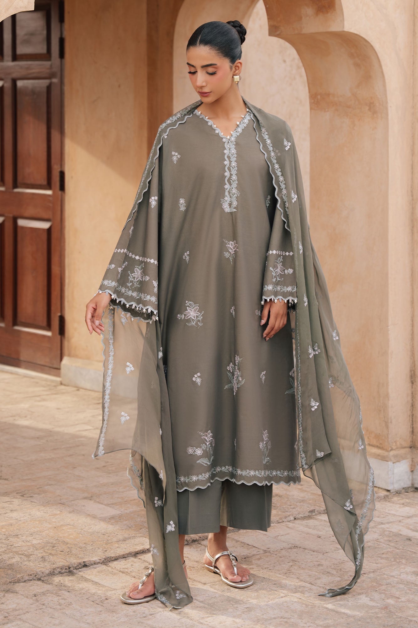 OLIVINE BLOOM-3PC EMBROIDERED LAWN SUIT