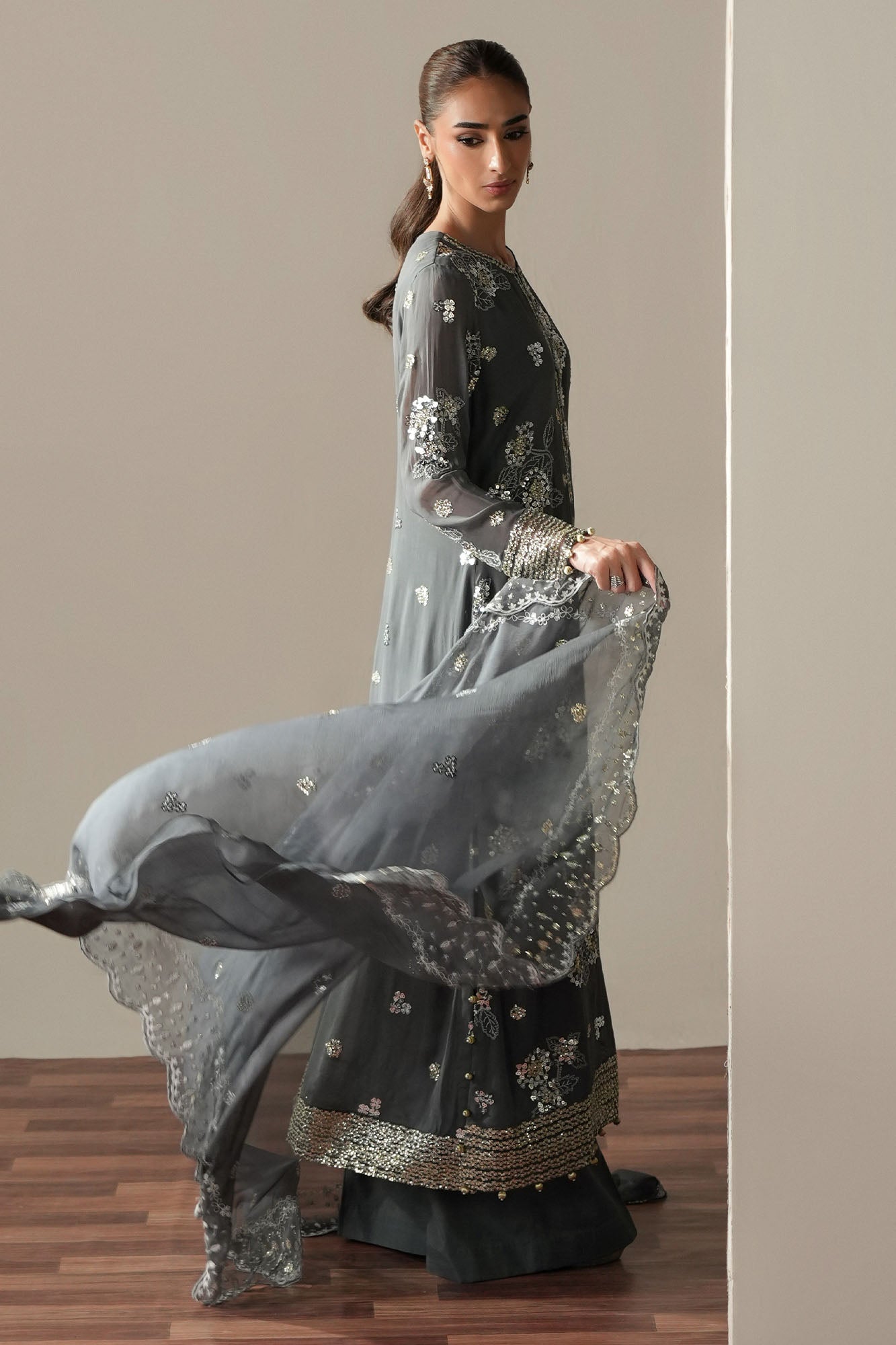METALLIC WHISPER - 4PC CHIFFON EMBROIDERED SUIT