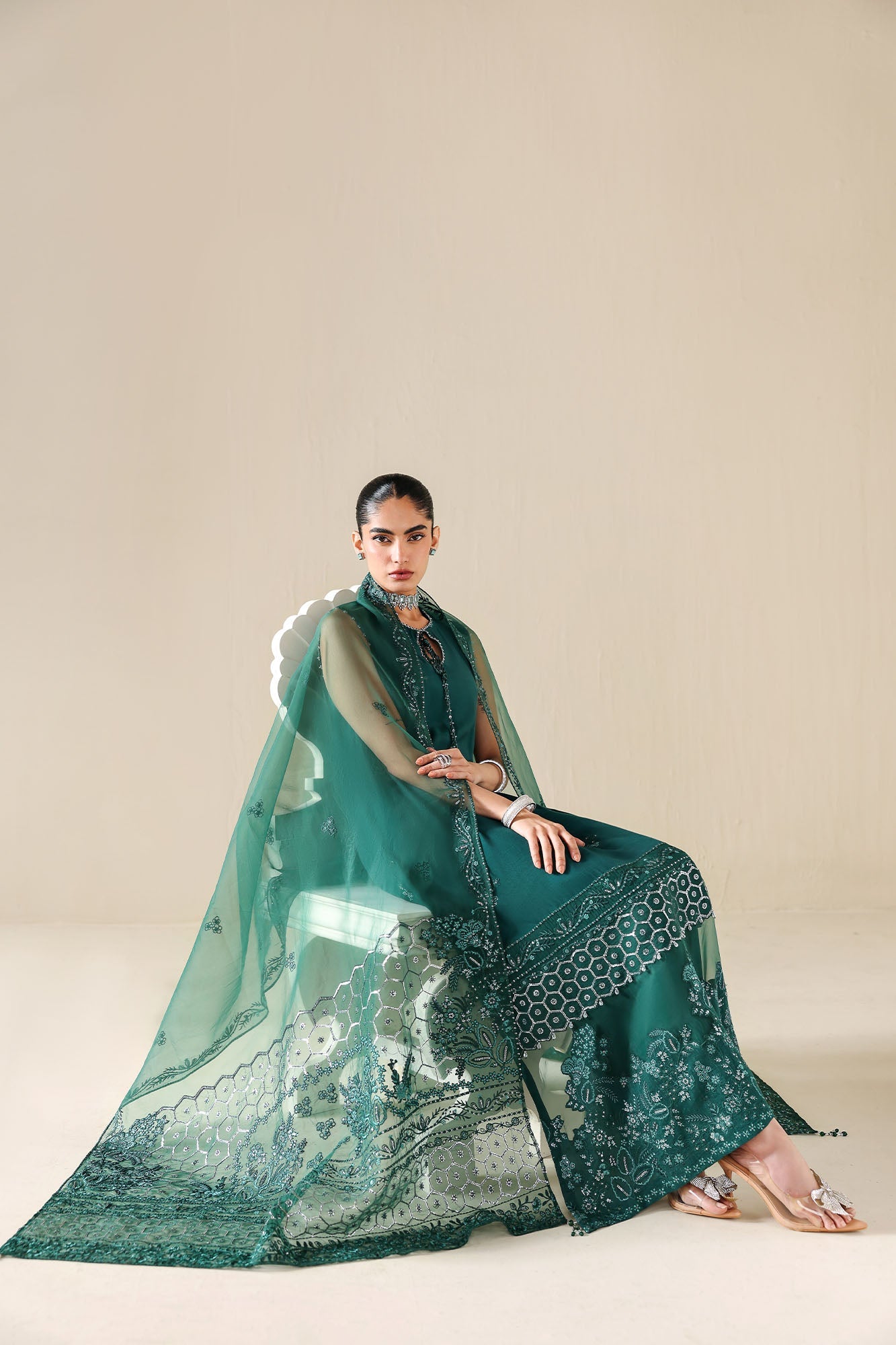 EMERALD MOSS-3PC SILK EMBROIDERED SUIT