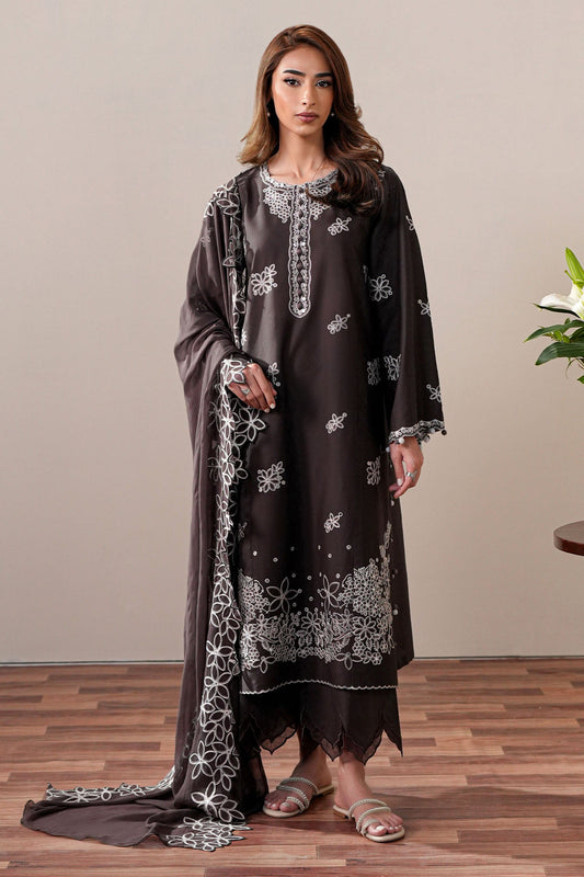 SEAL BROWN-3PC EMBROIDERED SUIT