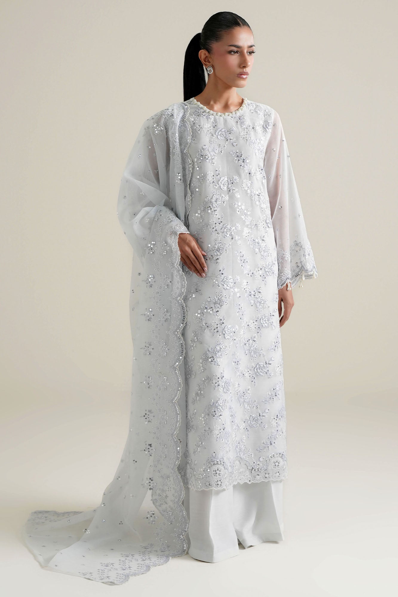 BLUE FROST-4PC NET EMBROIDERED SUIT