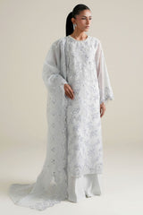 BLUE FROST-4PC NET EMBROIDERED SUIT