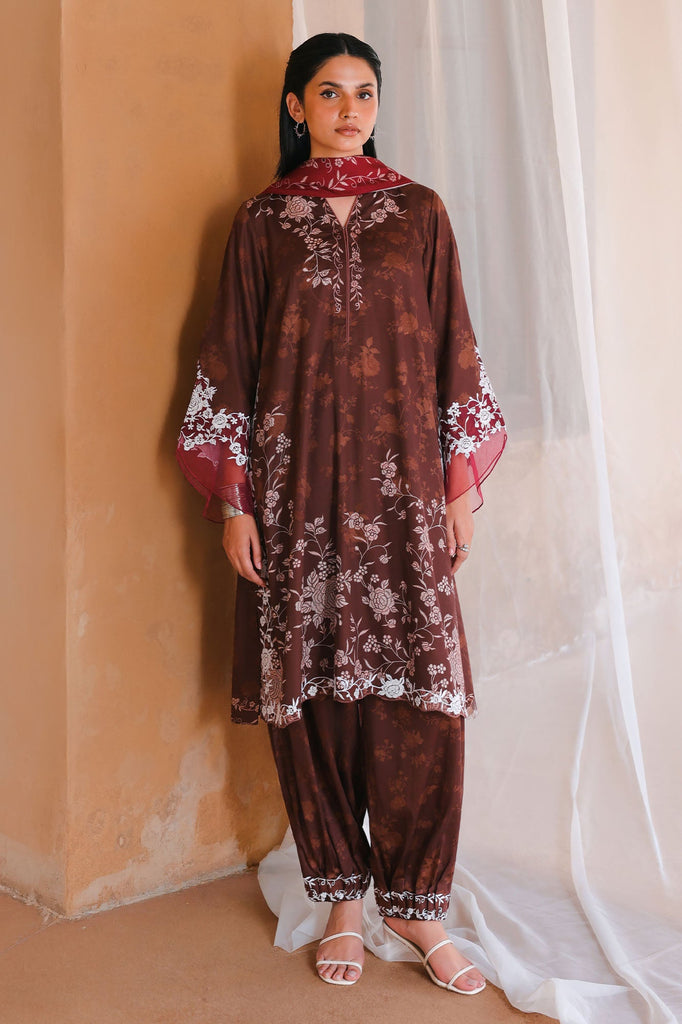 SEPIA BLOOM-3PC SATIN PRINTED SUIT