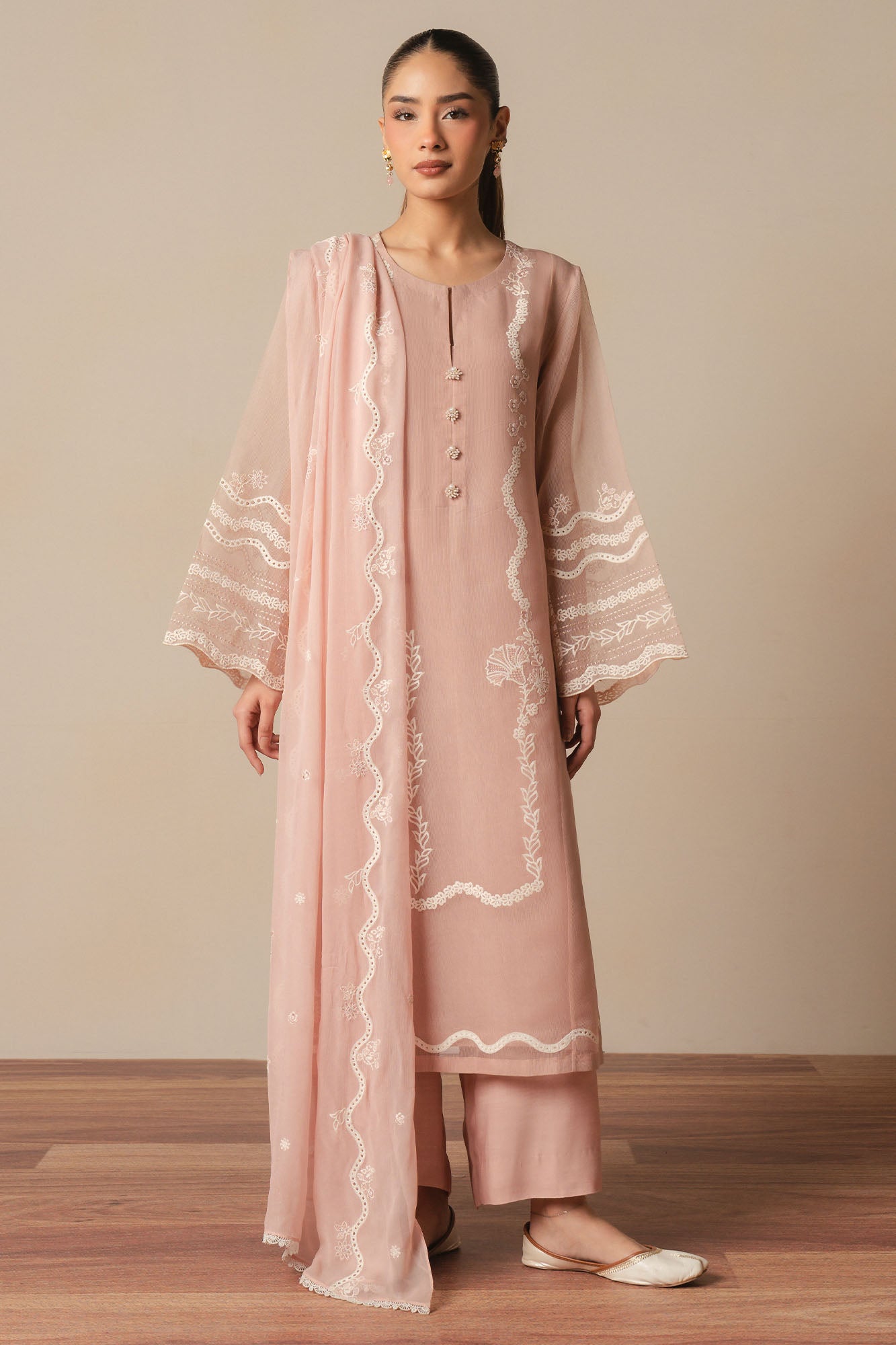 CREAM BLUSH -3PC (SHIRT, TROUSER & DUPATTA)