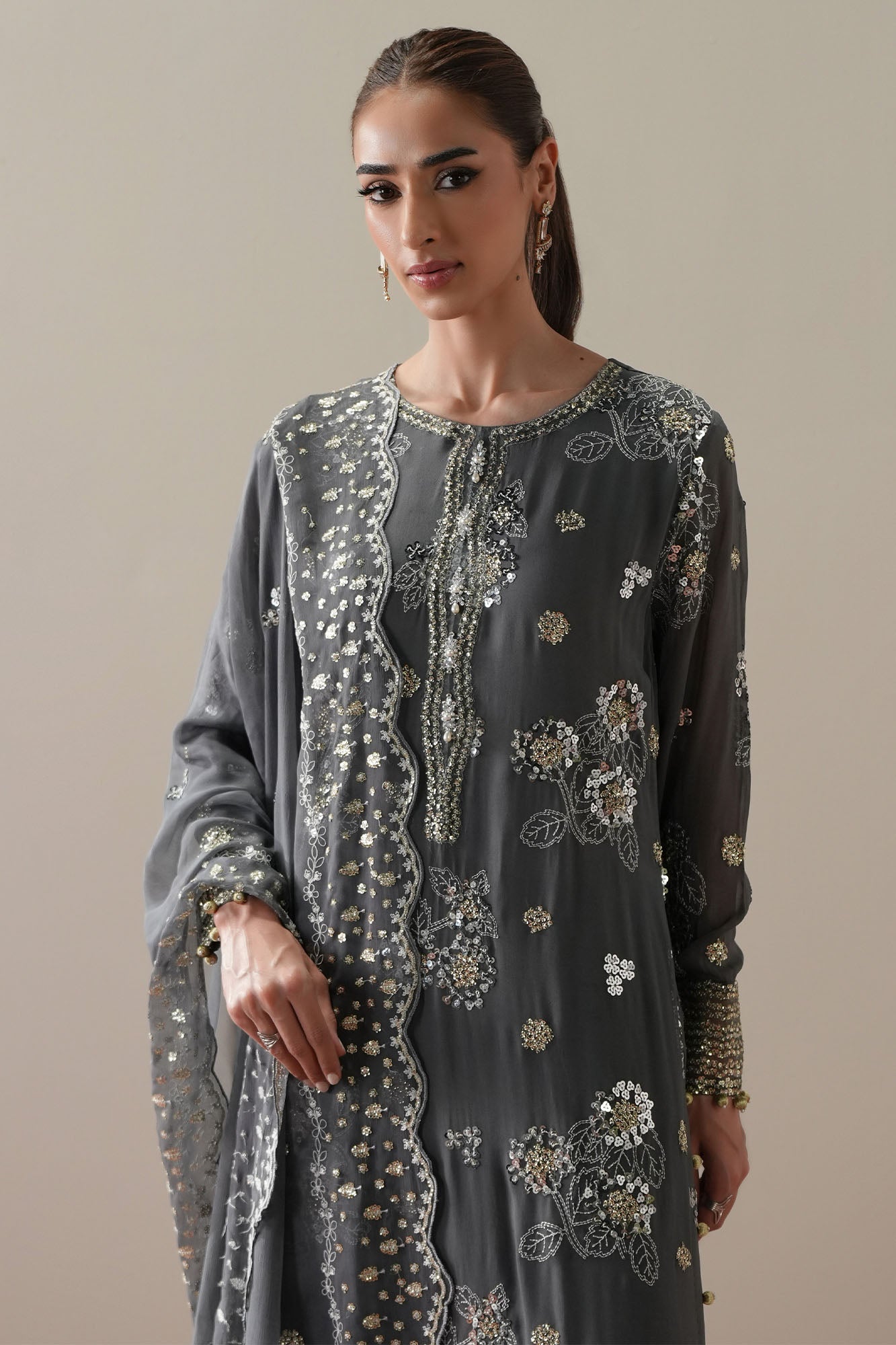 METALLIC WHISPER - 4PC CHIFFON EMBROIDERED SUIT