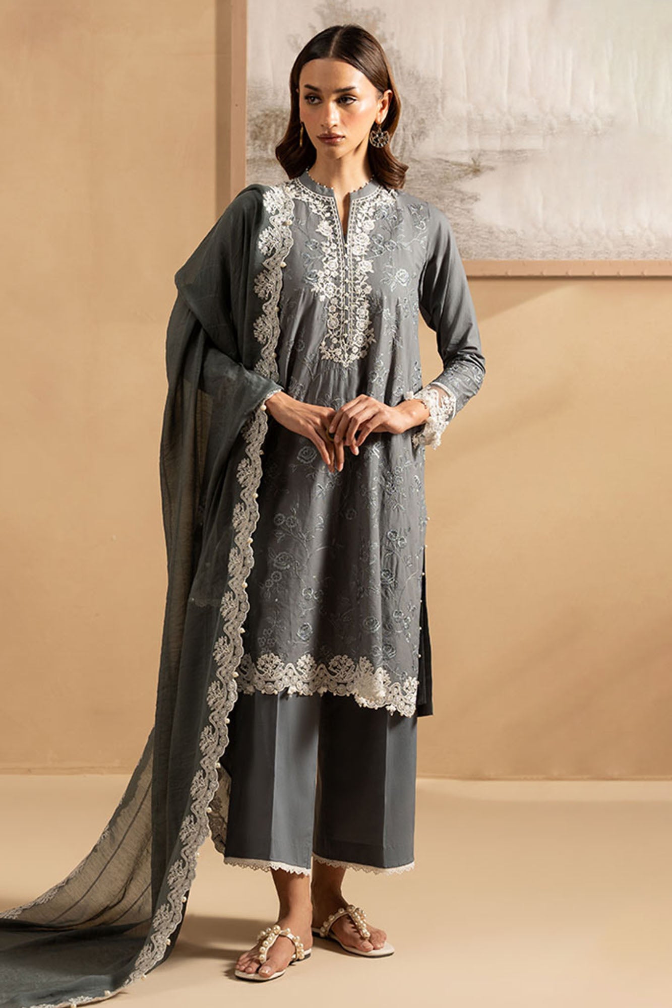 SOFT GRAPHITE- 3PC EMBROIDERED LAWN SUIT