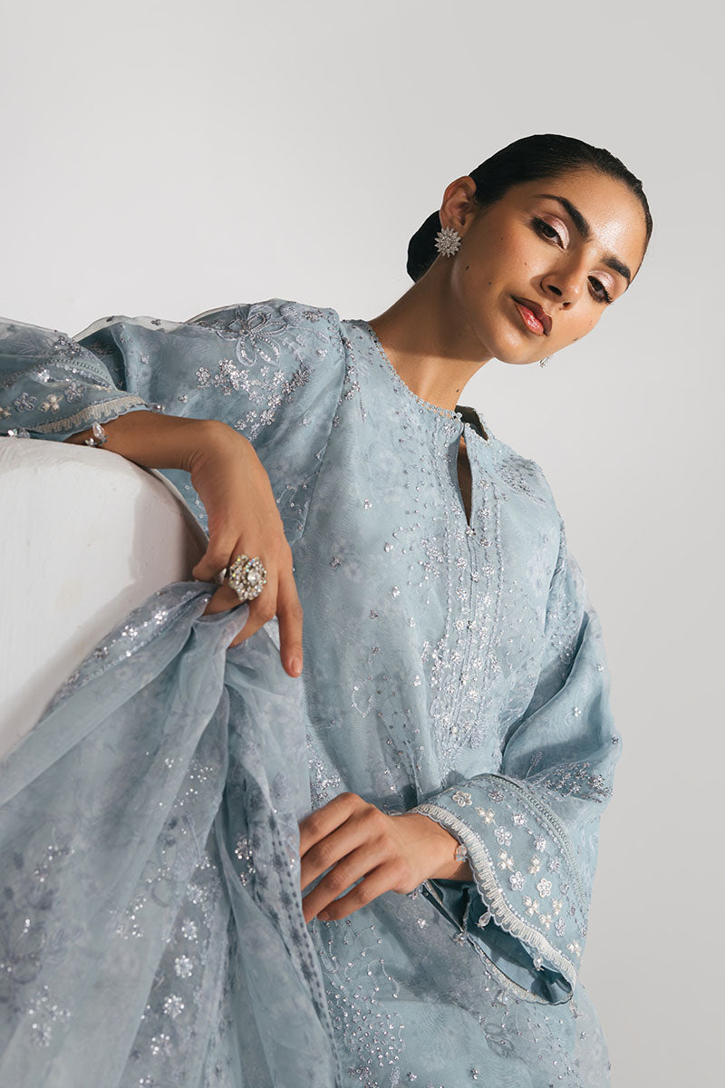 SILVER AQUA-3PC EMBROIDERED ORGANZA SUIT