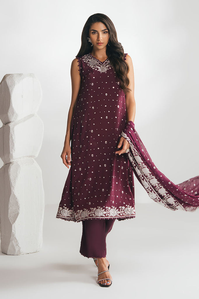 CHERRY WOOD-4PC EMBROIDERED CHIFFON SUIT
