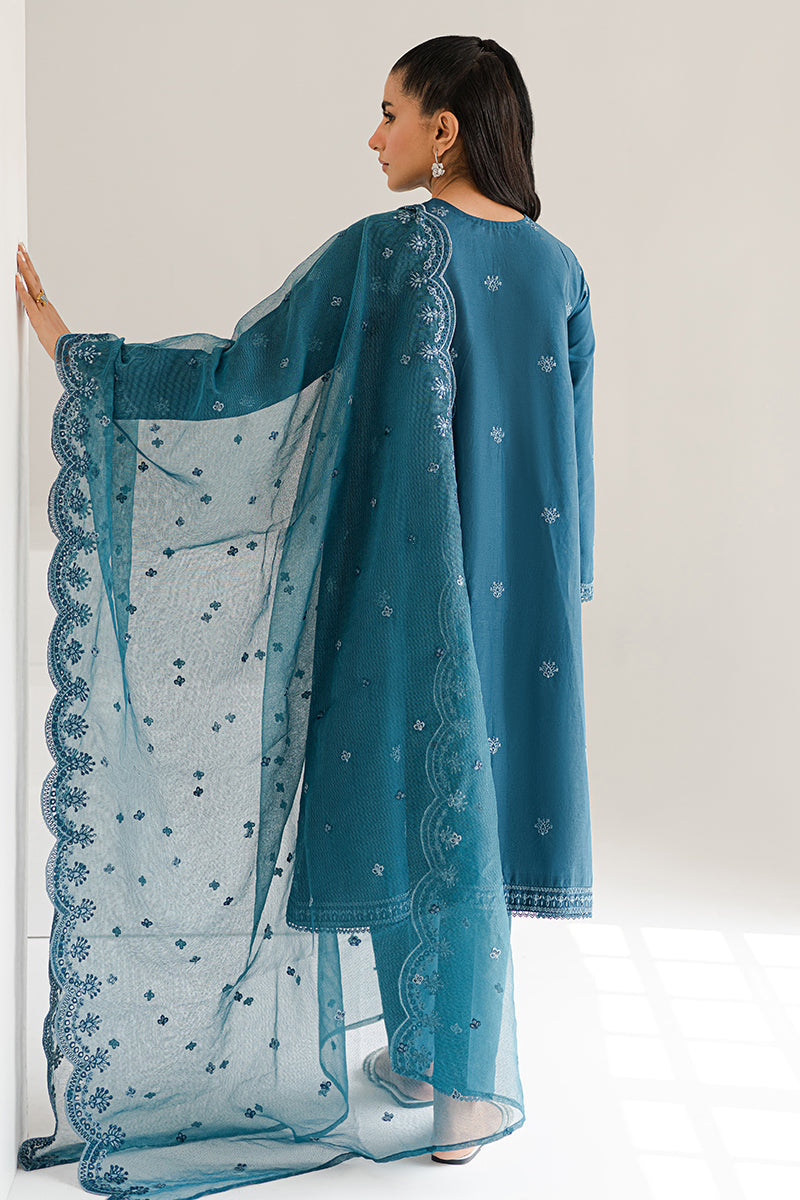 GLAZED CERULEAN-3PC EMBROIDERED LAWN SUIT