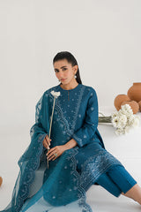 GLAZED CERULEAN-3PC EMBROIDERED LAWN SUIT