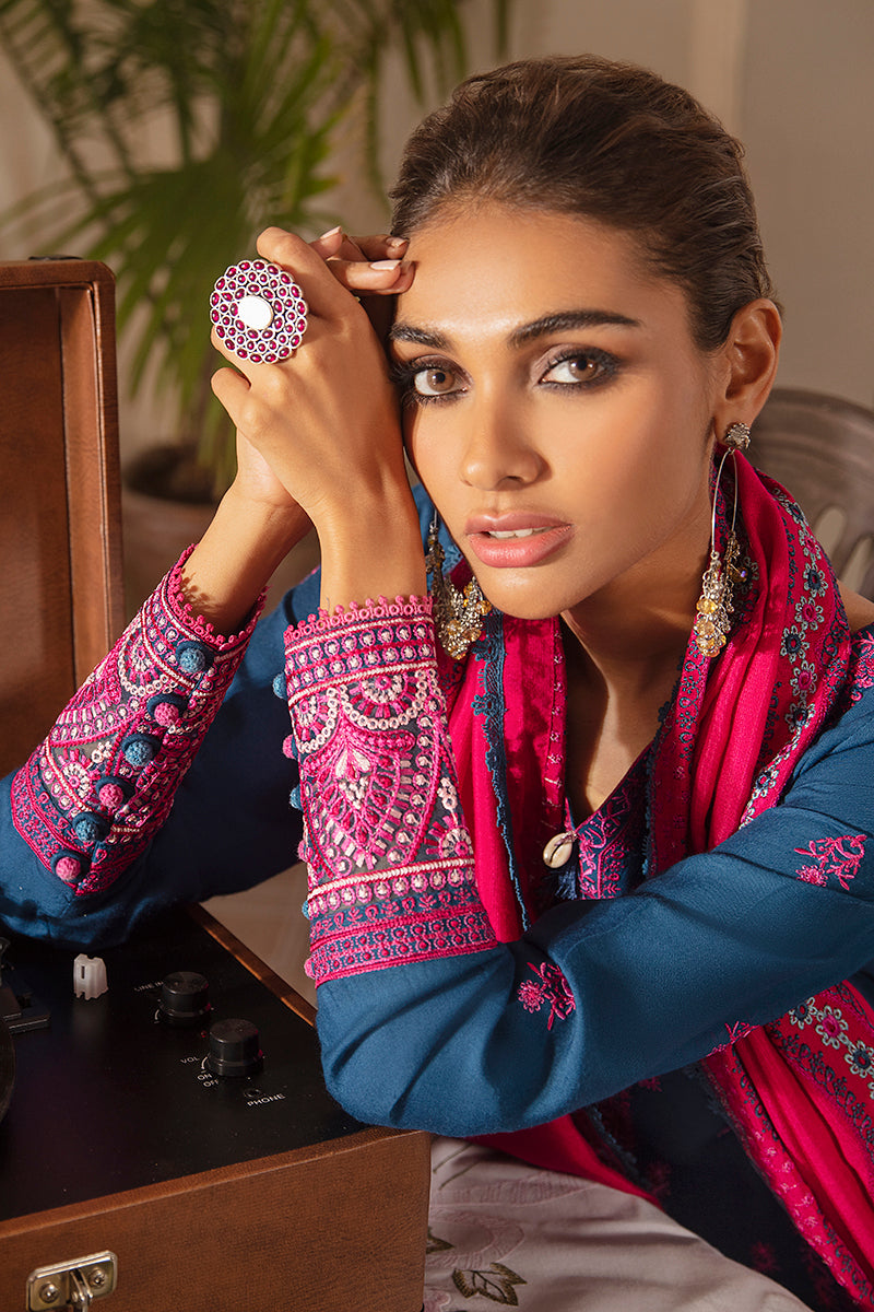 PAVOT BLUE EMBROIDERED SHIRT - 3PC (SHAWL)