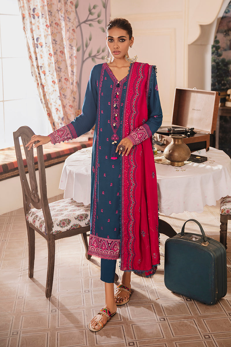 PAVOT BLUE EMBROIDERED SHIRT - 3PC (SHAWL)