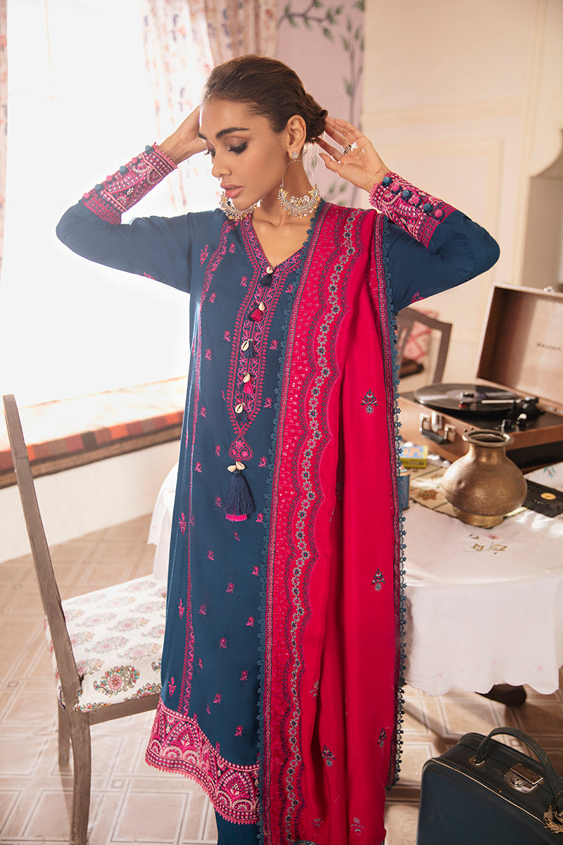 PAVOT BLUE EMBROIDERED SHIRT - 3PC (SHAWL)