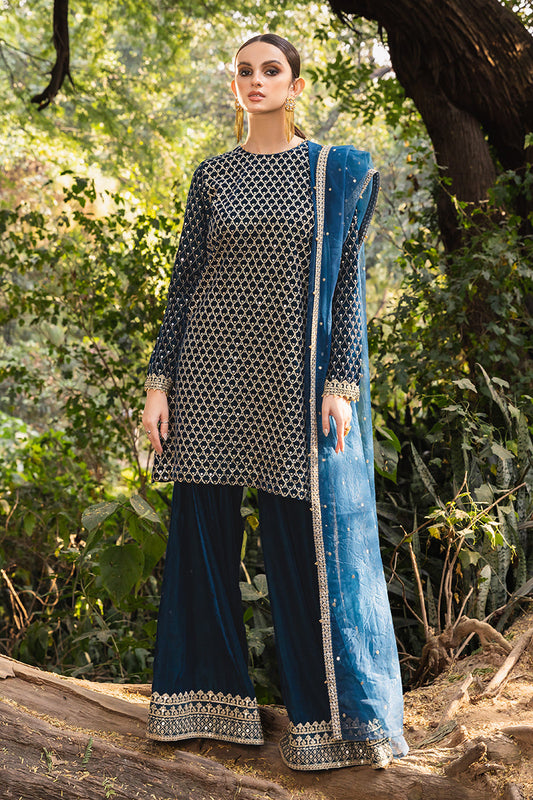 TEAL PROFUSE-3PC EMBROIDERED VELVET SUIT