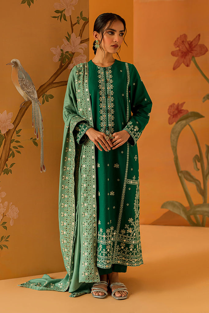 EMERALD  SPRUCE-3PC EMBROIDERED KHADDAR SUIT