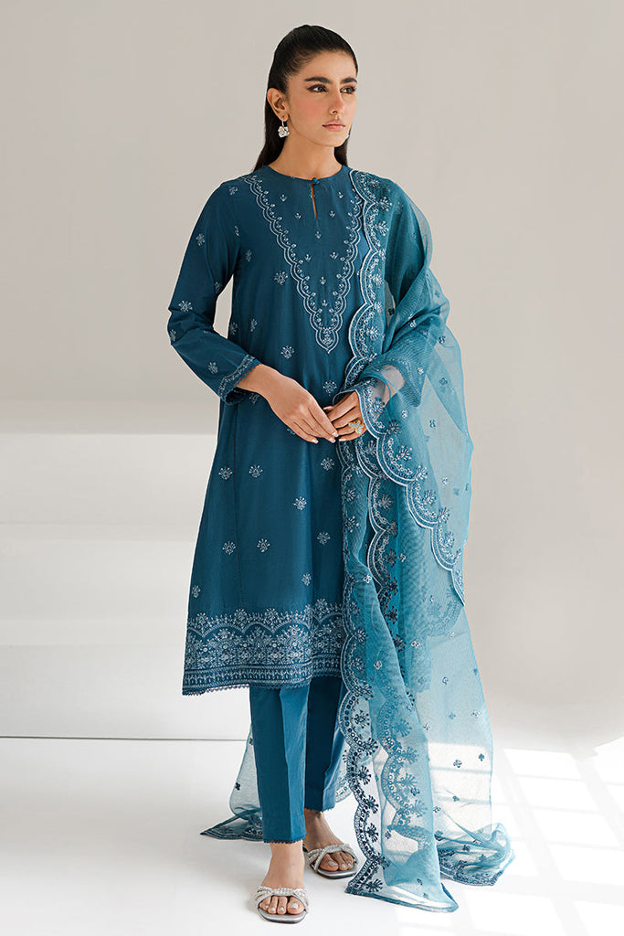 GLAZED CERULEAN-3PC EMBROIDERED LAWN SUIT