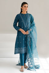 GLAZED CERULEAN-3PC EMBROIDERED LAWN SUIT